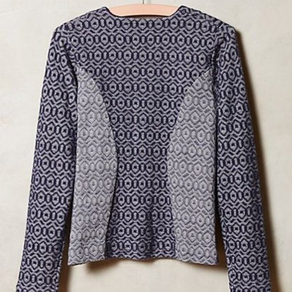 ANTHROPOLOGIE Geo Diamond Jacket Knit Grey Navy Blue Collarless Zip Front NEW - Picture 2 of 6